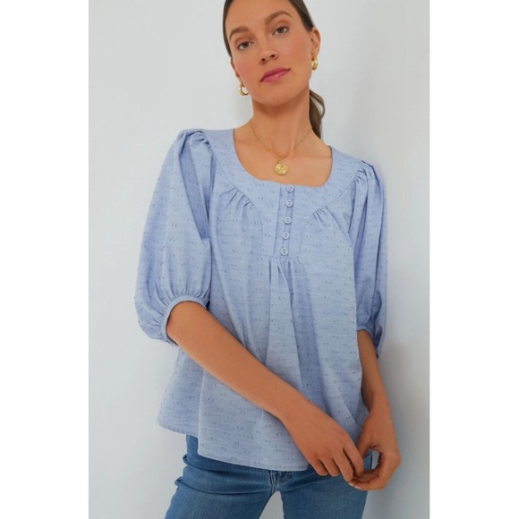 Pomander Place Women Chambray Puff Sleeve‎ Blouse Size XS Feminine Preppy - Picture 2 of 12